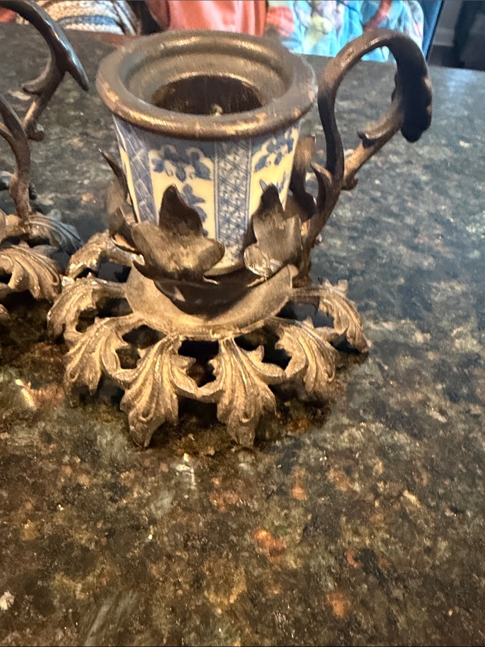 Vintage Ornate Black Metal Candle Holder with Blue Ceramic Accent